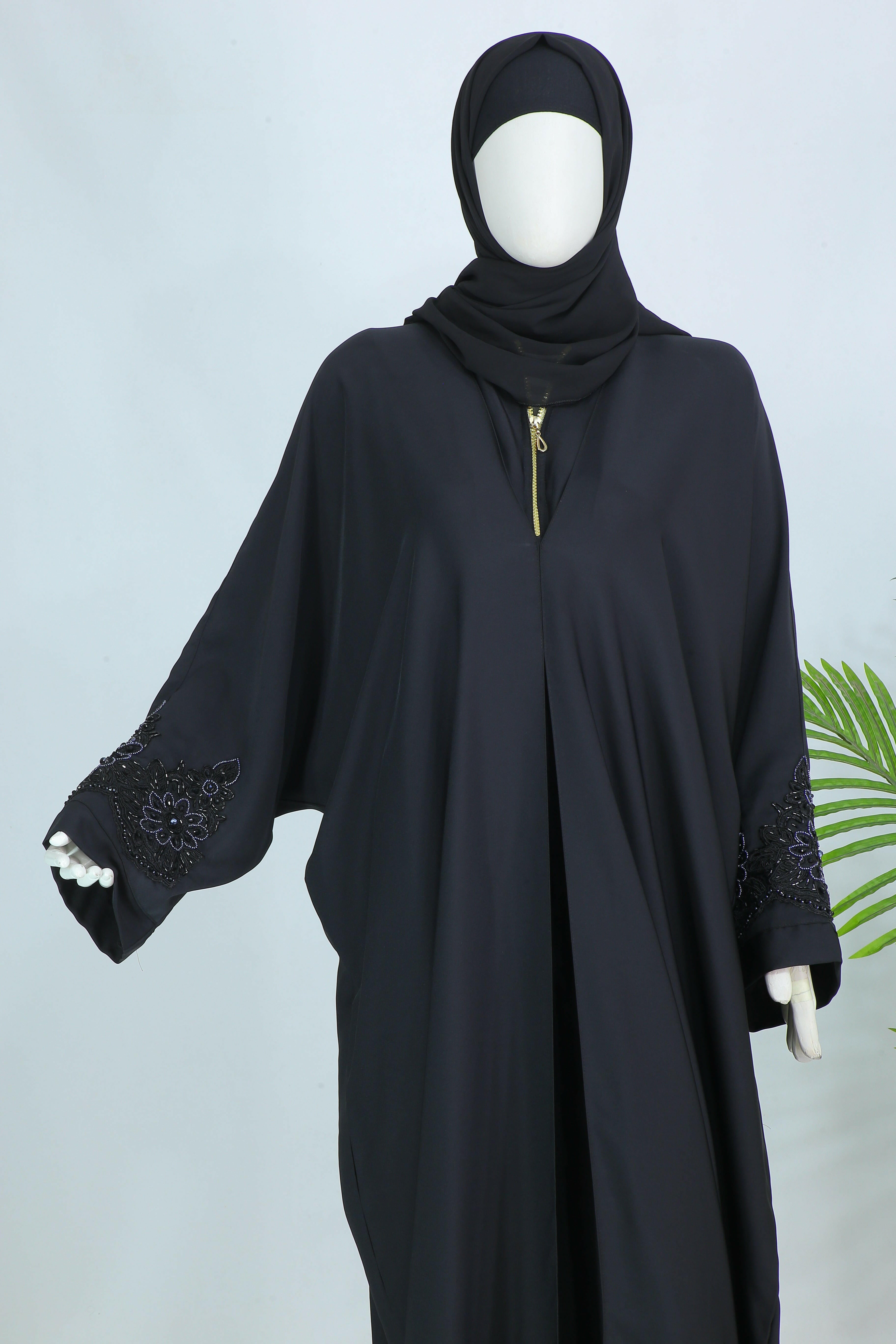 Clarity Glam luxury abaya with scarf in black featuring embroidered sleeve details and front zipper
